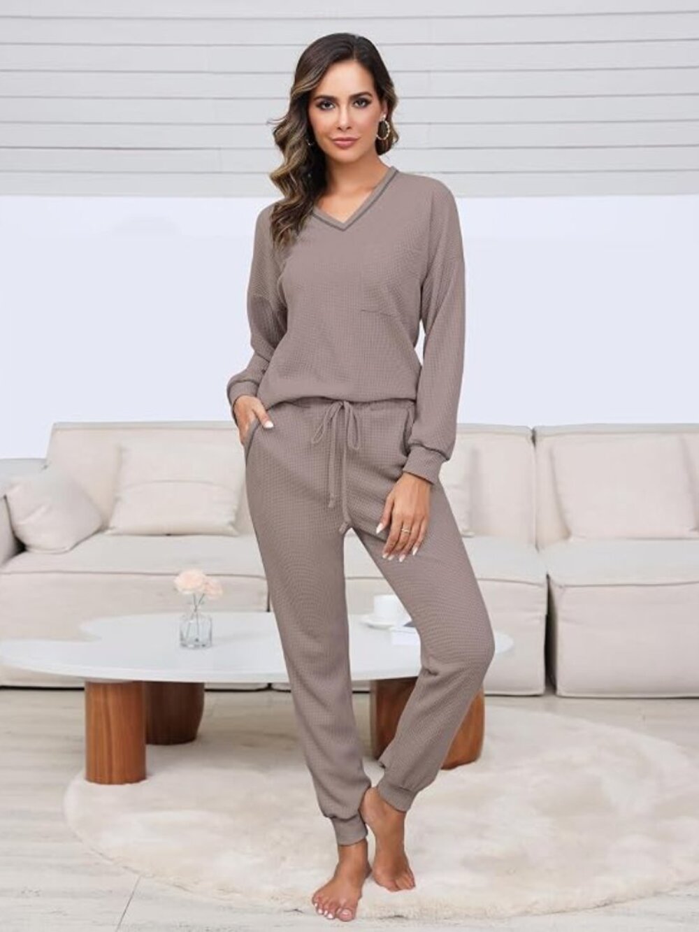 NWOT 2 Piece Set - Long Sleeve Loungewear Oversized/Maternity Pajamas, Mocha, XL
